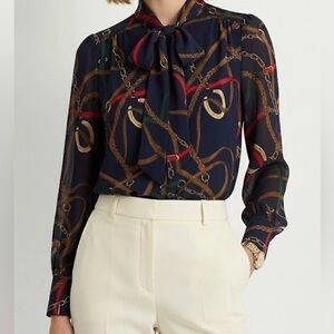 Lauren Ralph Lauren Equestrian Print Tie Neck Top Elegant Blouse Women SP